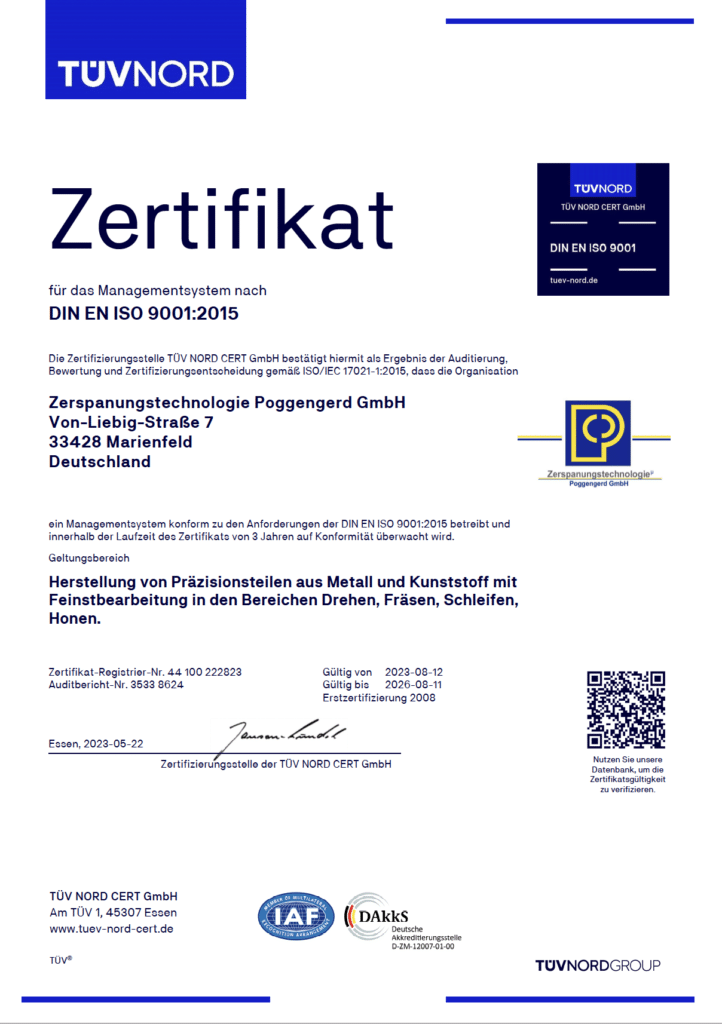 Poggengerd-Zerspanungstechnologie - TÜVNORD Zertifikat DIN EN ISO 9001:2015